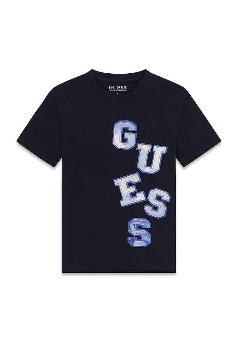 Tricou cu decolteu la baza gatului si imprimeu logo, Albastru ultramarin