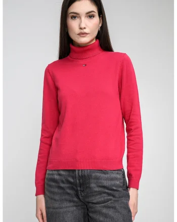 Pulover din bumbac organic cu guler inalt si model uni, Roz inchis