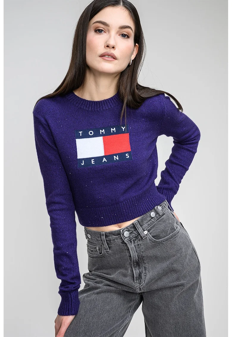 Pulover crop cu imprimeu logo, Violet