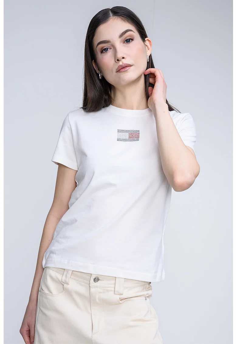 Tricou cu decolteu la baza gatului si logo cu strasuri, Alb murdar