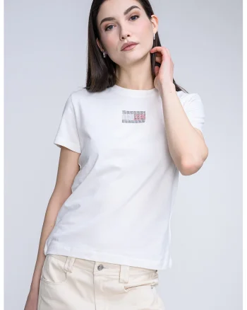 Tricou cu decolteu la baza gatului si logo cu strasuri, Alb murdar