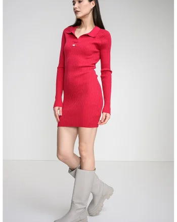 Rochie-pulover striata si tricotata, Roz inchis