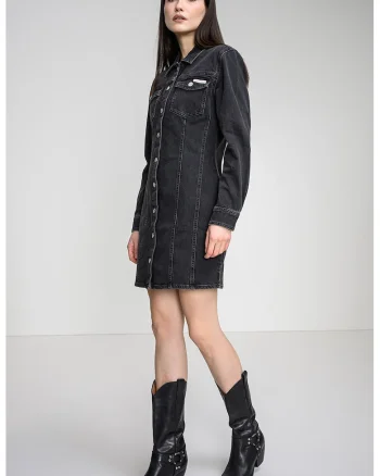 Rochie-camasa din denim cu croiala dreapta, Negru stins