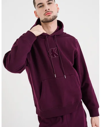 Hanorac lejer cu buzunar kangaroo si aplicatie cu model monograma, Violet tyrian