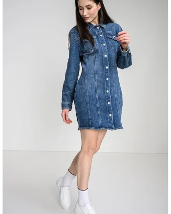 Rochie-camasa din denim cu buzunare pe piept, Albastru melange
