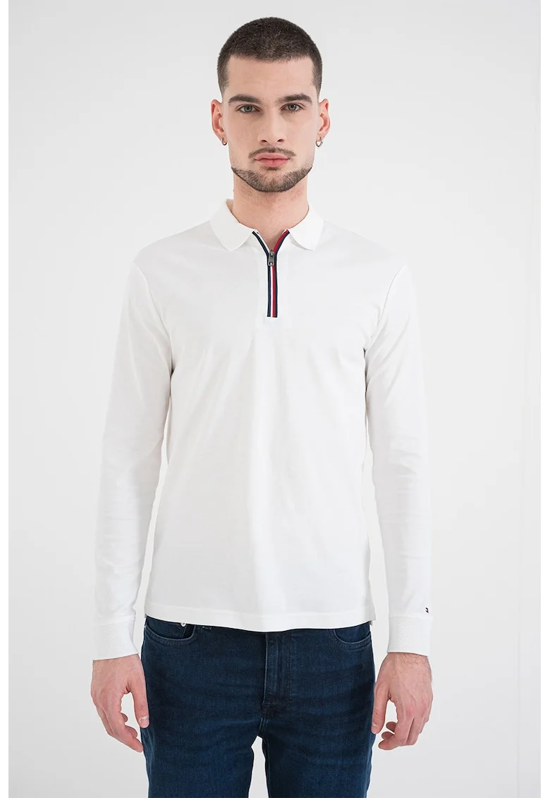 Bluza polo cu fenta cu fermoar, Alb
