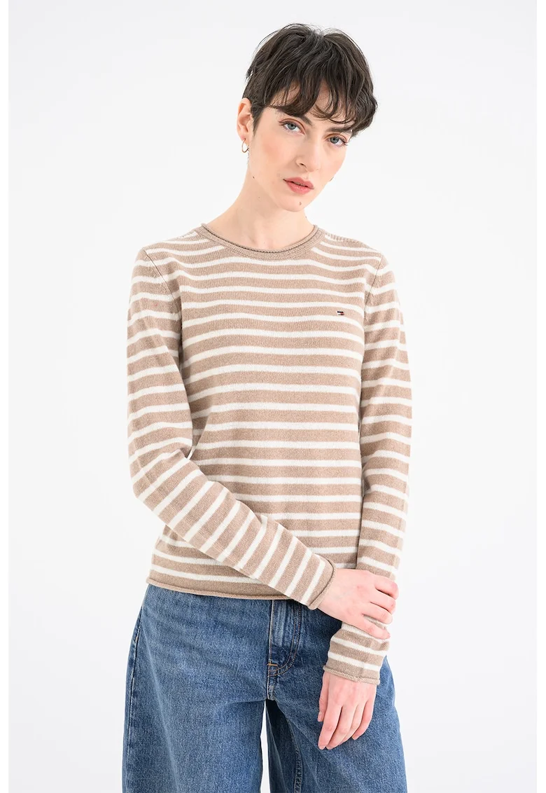 Pulover de lana cu decolteu la baza gatului, Alb/Maro taupe