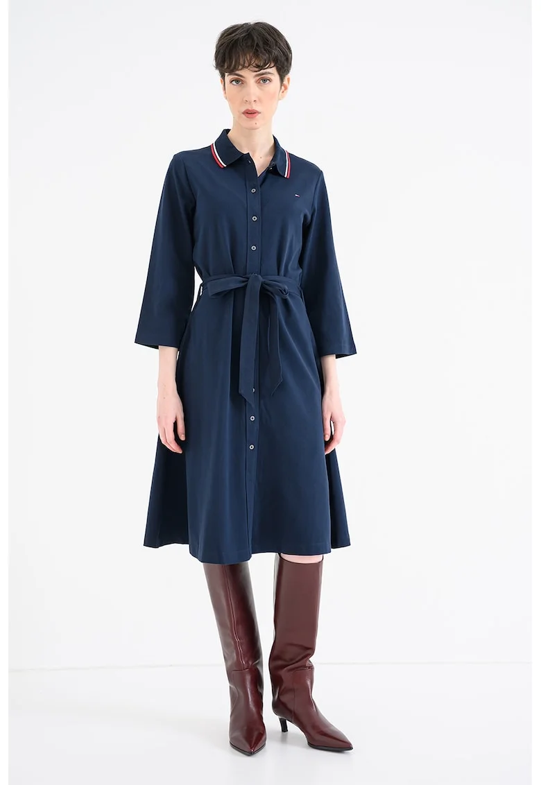 Rochie polo din amestec de bumbac cu maneci trei sferturi, Bleumarin