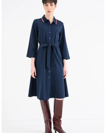 Rochie polo din amestec de bumbac cu maneci trei sferturi, Bleumarin
