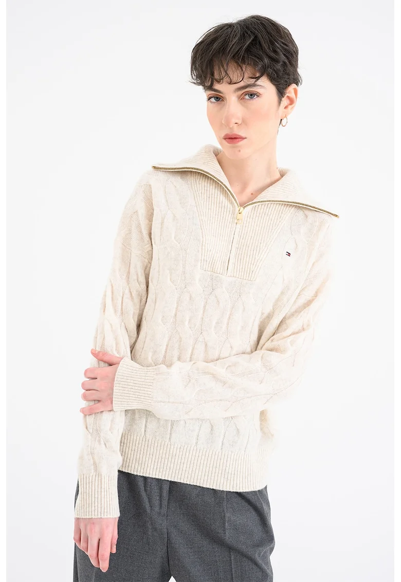 Pulover din lana cu fermoar scurt si model torsade, Crem