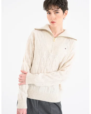 Pulover din lana cu fermoar scurt si model torsade, Crem