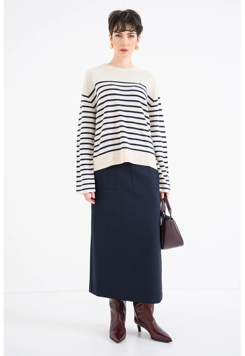 Pulover lejer din lana, Crem/Bleumarin