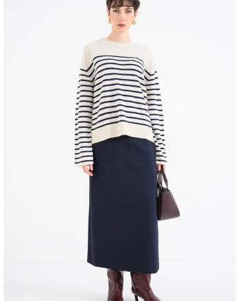 Pulover lejer din lana, Crem/Bleumarin