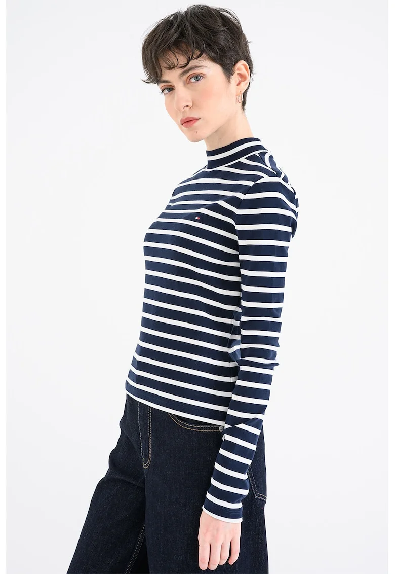 Bluza slim fit cu decolteu la baza gatului, Alb/Bleumarin
