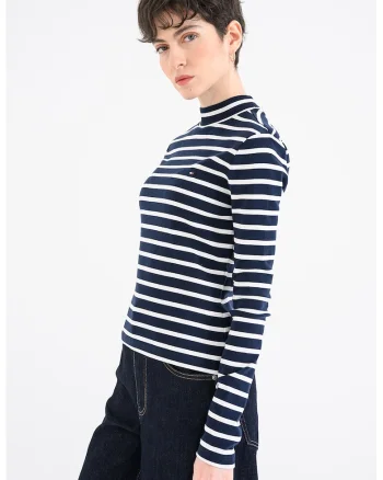 Bluza slim fit cu decolteu la baza gatului, Alb/Bleumarin