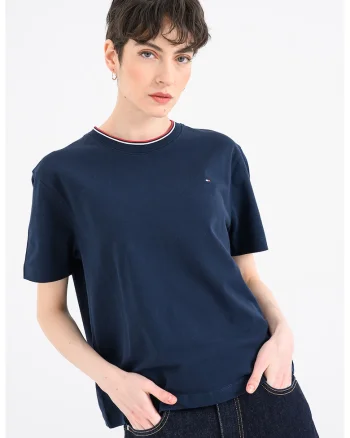 Tricou din amestec de bumbac pique cu decolteu la baza gatului, Bleumarin