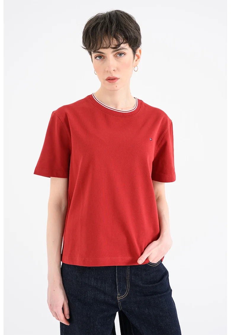Tricou din amestec de bumbac pique cu decolteu la baza gatului, Rosu