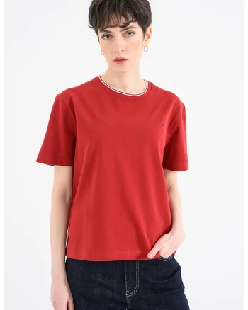 Tricou din amestec de bumbac pique cu decolteu la baza gatului, Rosu