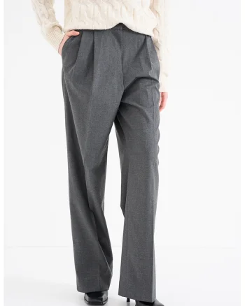 Pantaloni cu talie inalta si pensa, Gri melange