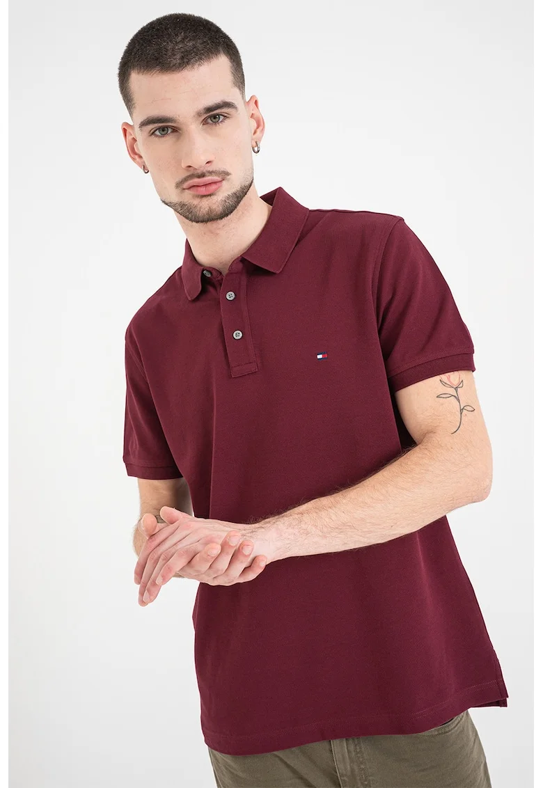 Tricou polo slim fit din amestec de bumbac organic, Rosu stins