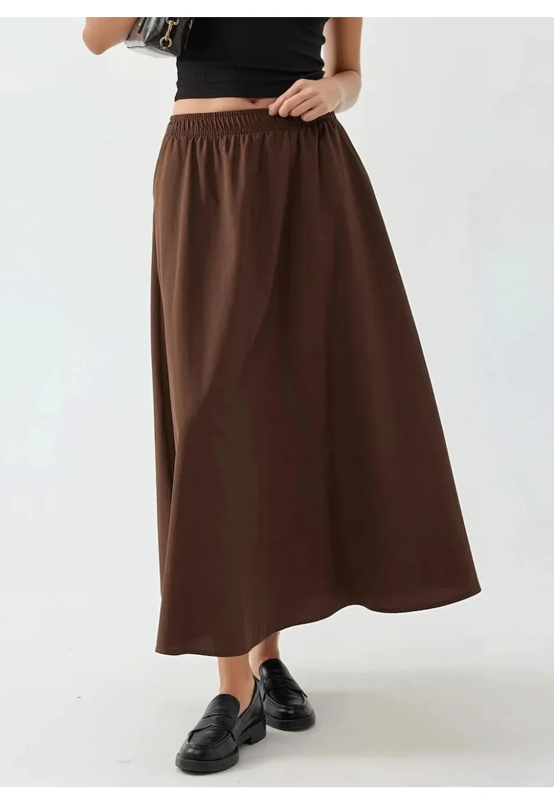 Fusta midi  talie elastica, maro cafeniu