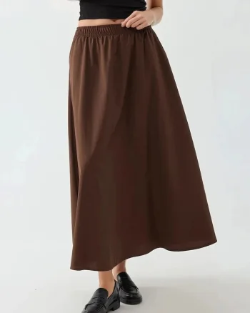 Fusta midi  talie elastica, maro cafeniu