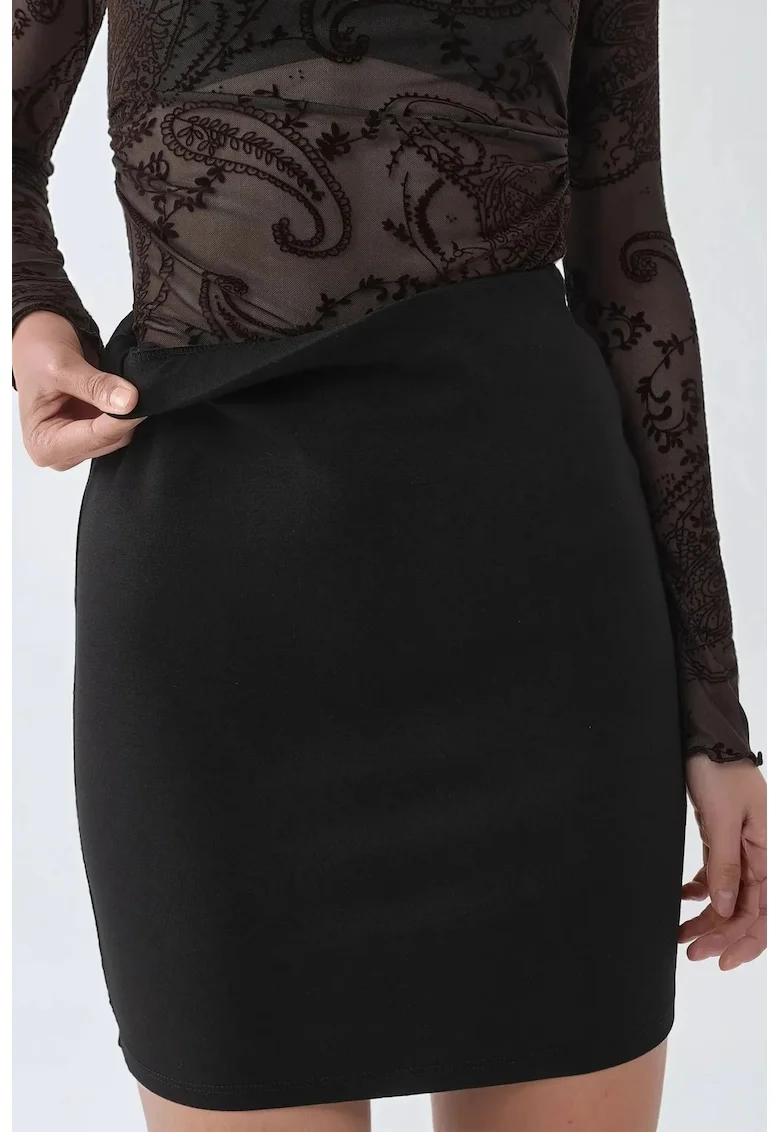 Fusta Mini  cu Talie Inalta, Neagra, Viscoza si Elastan