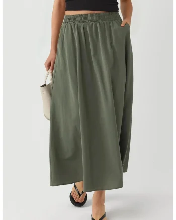 Fusta midi  talie elastica, buzunare, kaki