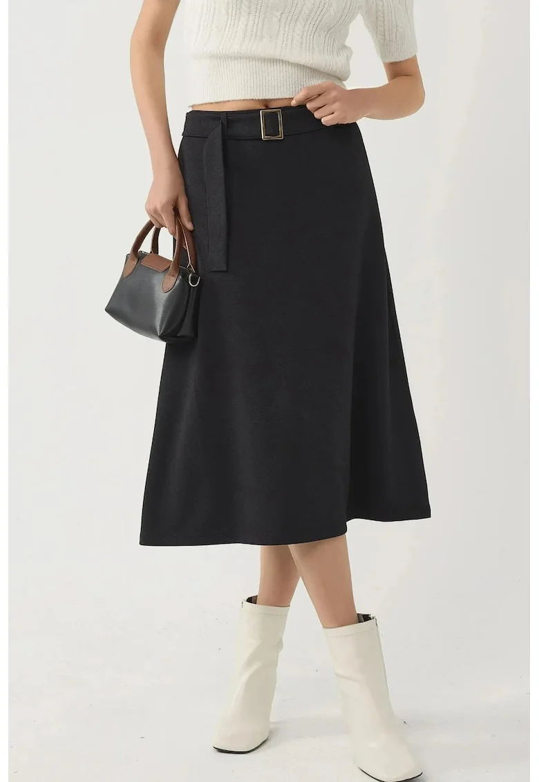 Fusta Midi  talie inalta, detaliu arcuit, neagra