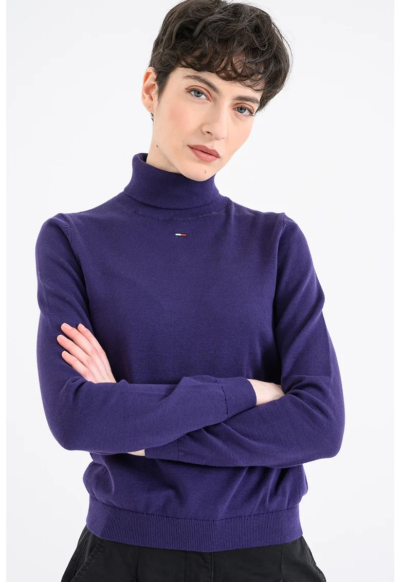Pulover din bumbac organic cu guler inalt si model uni, Violet