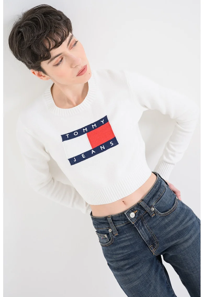 Pulover crop cu imprimeu logo, Alb