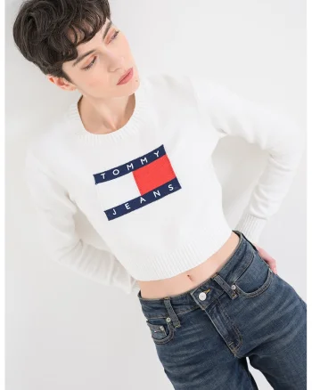 Pulover crop cu imprimeu logo, Alb