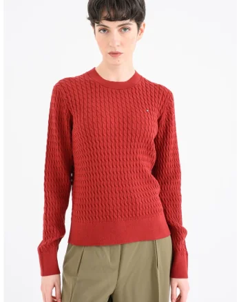 Pulover din bumbac organic cu model torsade, Rosu