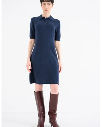 Rochie-triocu din lana cu guler polo, Bleumarin