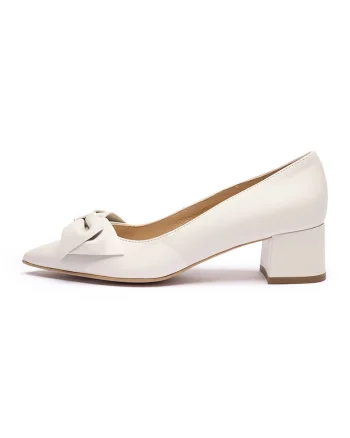 Pantofi de piele cu toc masiv si funda Sarah, Crem
