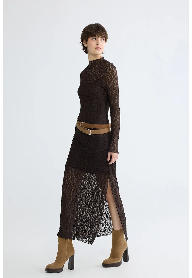 Rochie semitransparenta cu slit lateral, Maro inchis