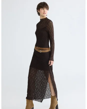 Rochie semitransparenta cu slit lateral, Maro inchis