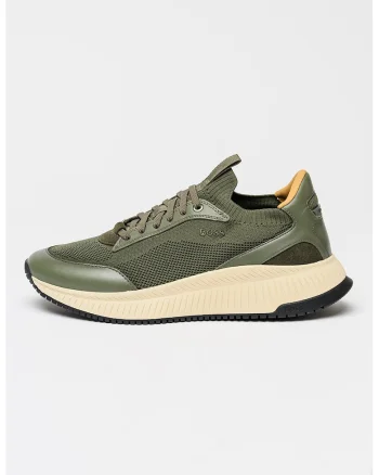 Pantofi sport tricotati cu talpa wedge si insertii din piele, Verde deschis