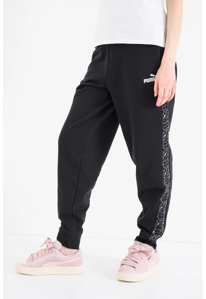 Pantaloni de trening cu imprimeu grafic si benzi laterale contrastante Ess, Negru stins