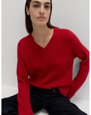 Pulover relaxed-fit cu decolteu in V, Rosu