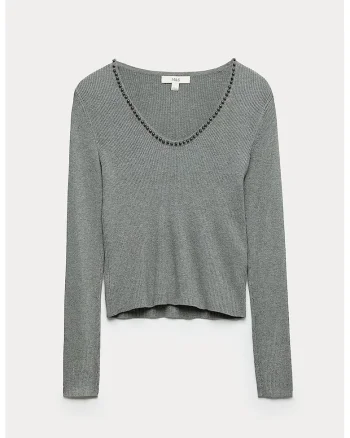 Pulover slim-fit cu aplicatie din margele, Gri melange