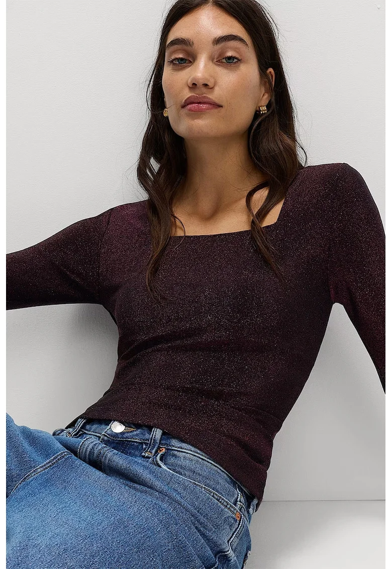 Bluza cu decolteu patrat si aspect stralucitor, Maro cognac