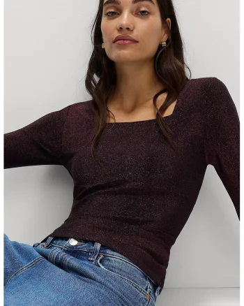 Bluza cu decolteu patrat si aspect stralucitor, Maro cognac