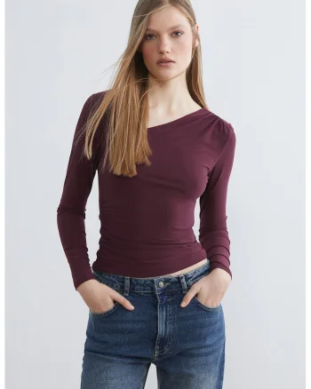 Bluza slim-fit cu decolteu asimetric, Violet pruna