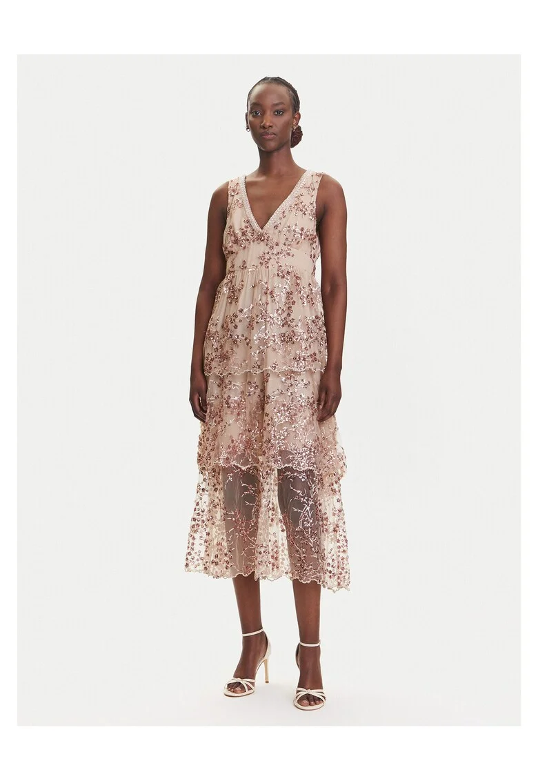 Rochie de cocktail  bej, imprimeu floral