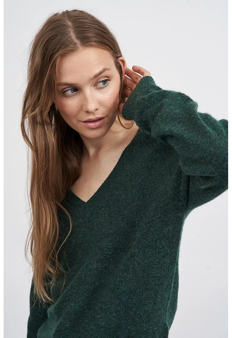 Pulover din amestec de lana cu decolteu in V, Verde padure