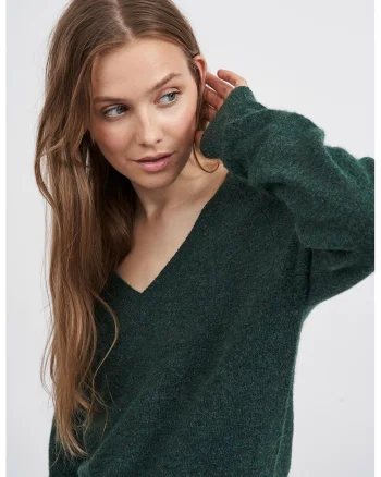 Pulover din amestec de lana cu decolteu in V, Verde padure