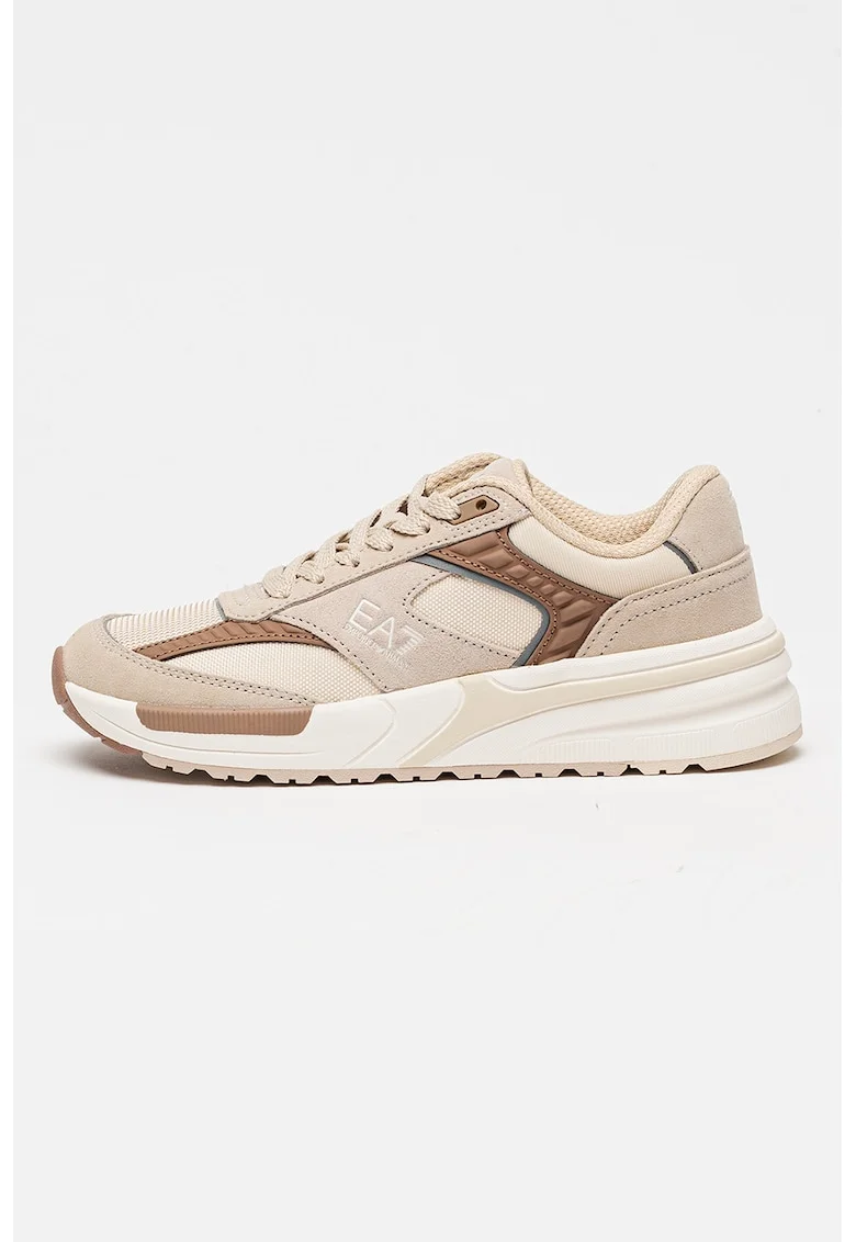 Pantofi sport low-cut cu garnituri din piele intoarsa si detalii logo, Maro/Bej