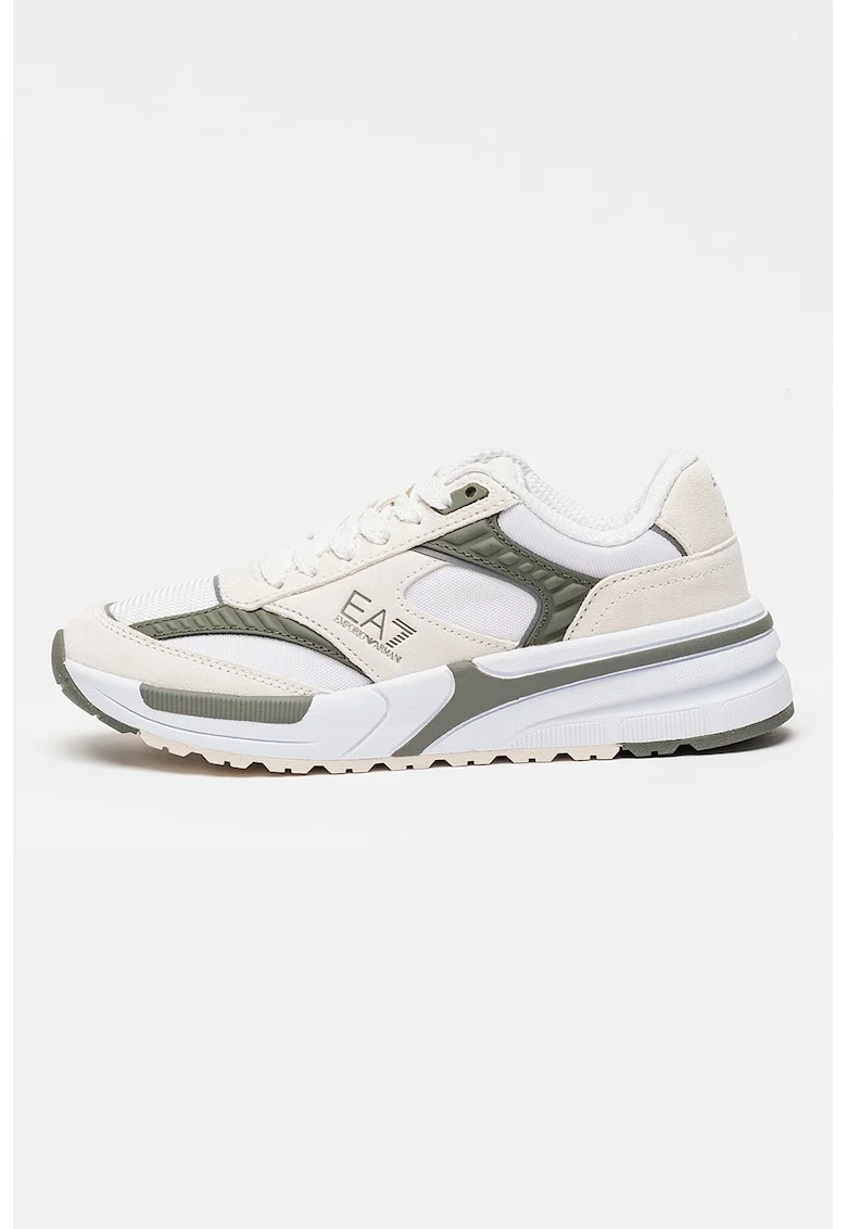 Pantofi sport low-cut cu garnituri din piele intoarsa si detalii logo, Alb fildes/Verde inchis
