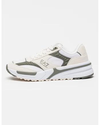Pantofi sport low-cut cu garnituri din piele intoarsa si detalii logo, Alb fildes/Verde inchis